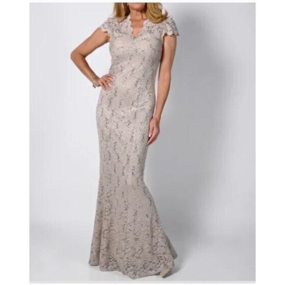 Frank Lyman Maxi Dress NWT Champagne Lace Sequined Retails $330 Size 12